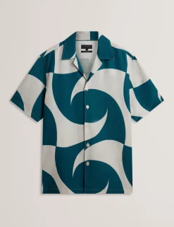 Short Sleeve Oversized Linen Blend Swirl Print Shirt