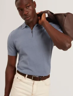 Silk Blend Knit Zip Neck Polo