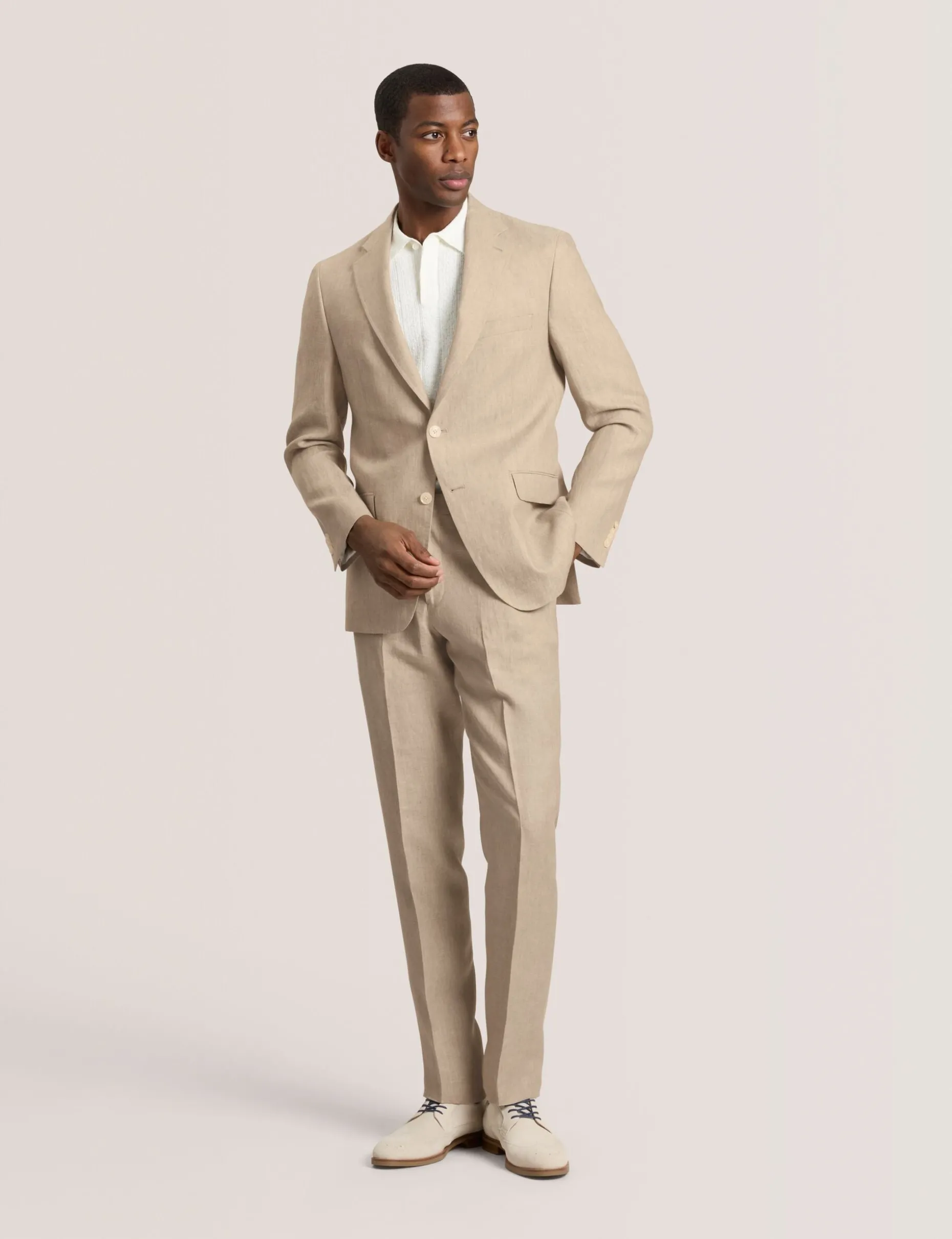 Single Breasted Two Button Notch Flat Front Linen Suit Jacket