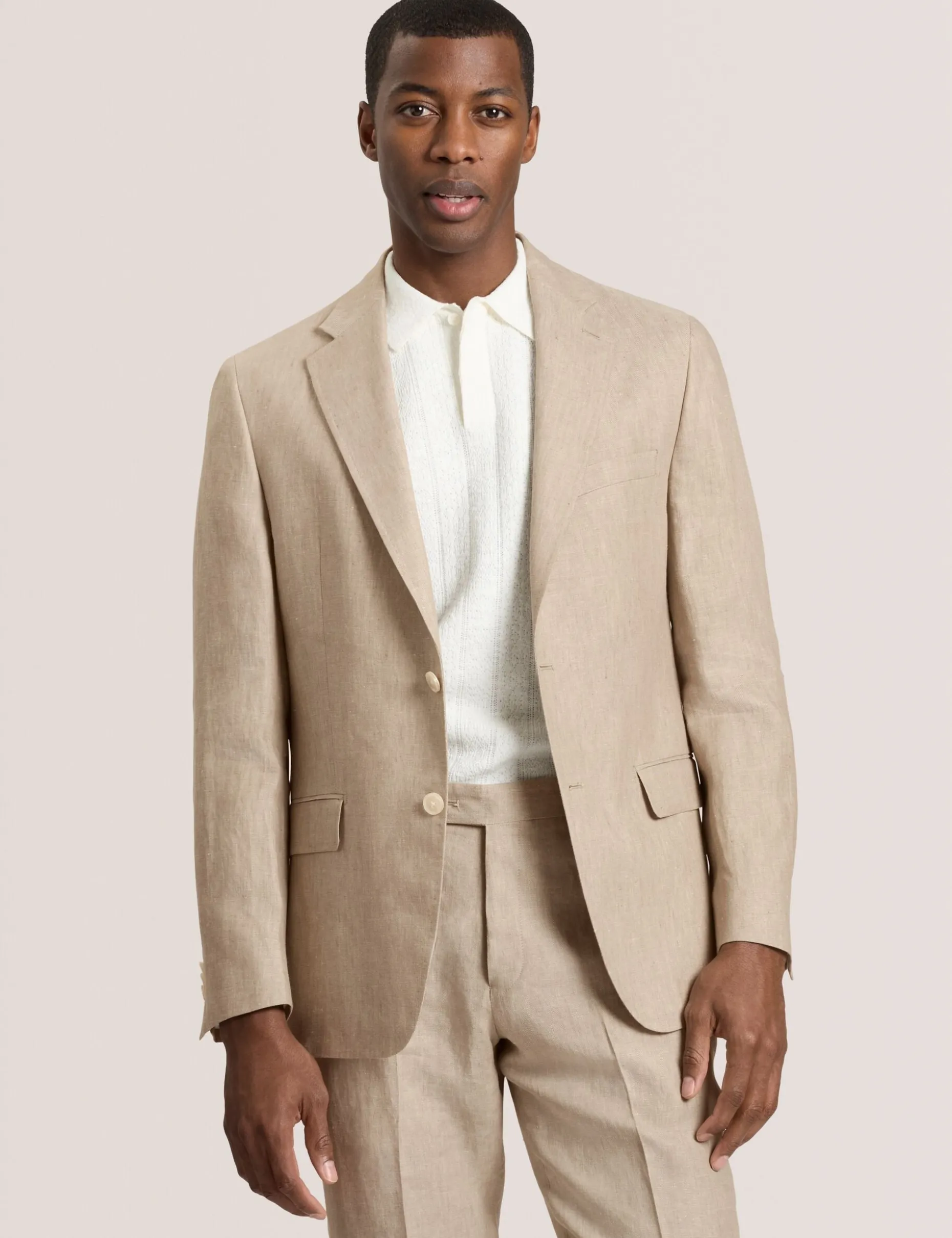Single Breasted Two Button Notch Flat Front Linen Suit Jacket