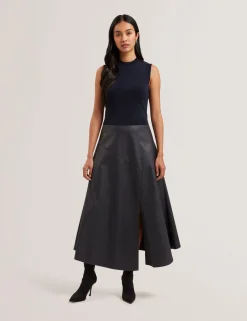 Sleeveless Knit Faux Leather Midi Dress