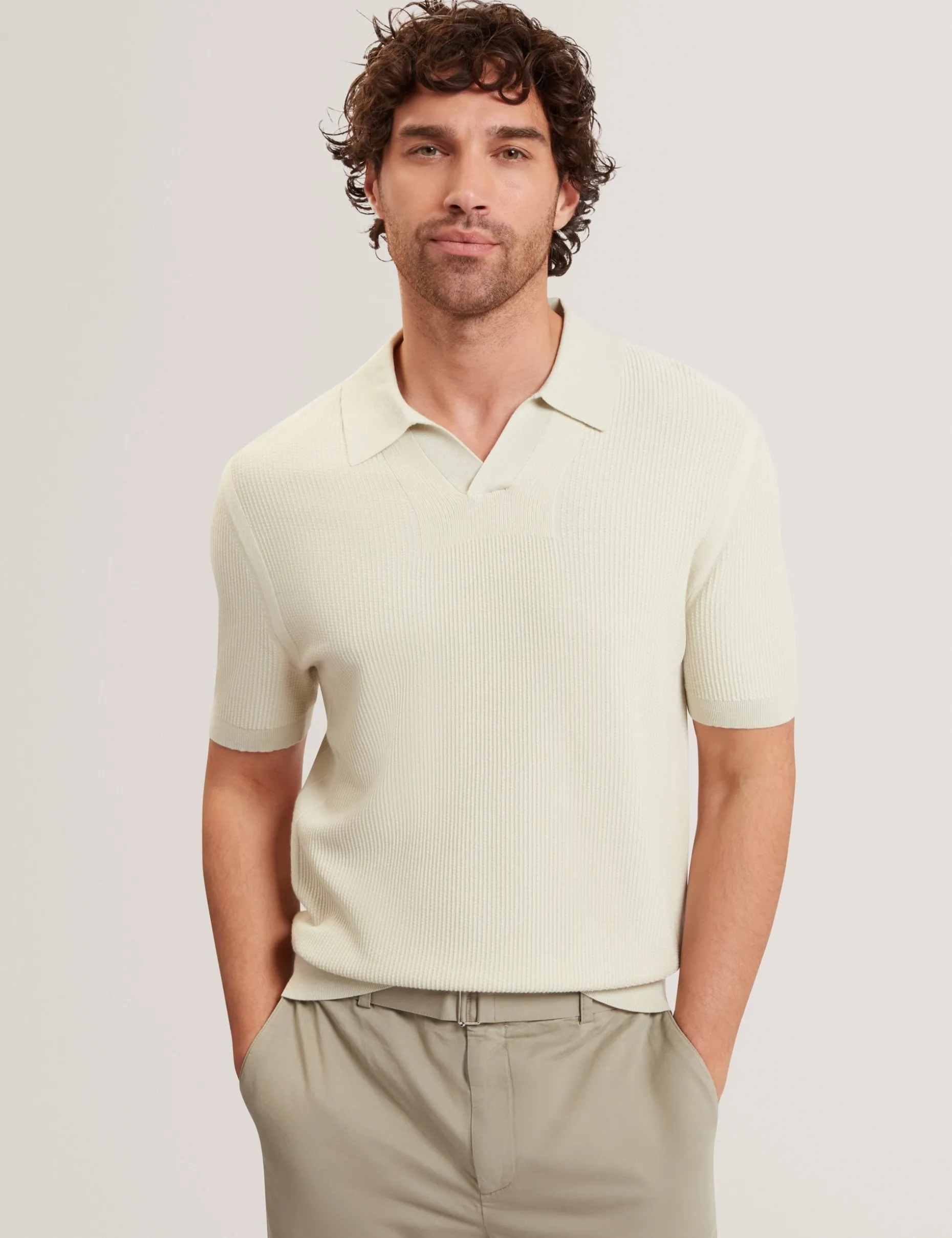 Stitched Rib Open Neck Polo Shirt