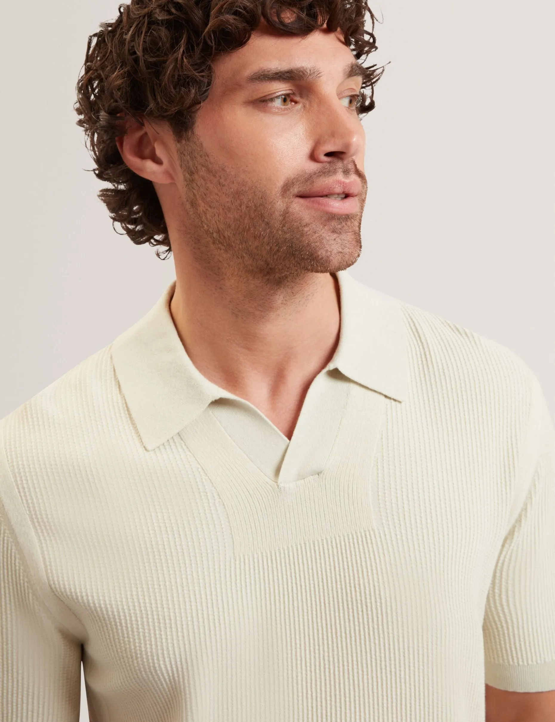 Stitched Rib Open Neck Polo Shirt