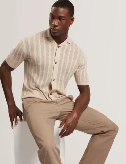 Stitched Stripe Knit Button-Through Polo