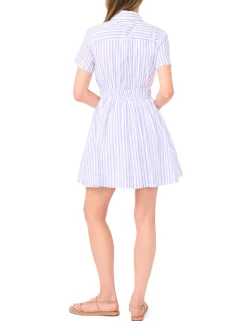 Striped Cotton Drawstring Mini Shirt Dress