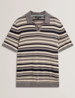 Striped Linen Blend Knitted Polo Shirt