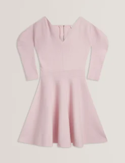 Structured Puff Sleeve Knitted Skater Dress