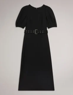 Structured Puff Sleeve Midi Dress With Belt