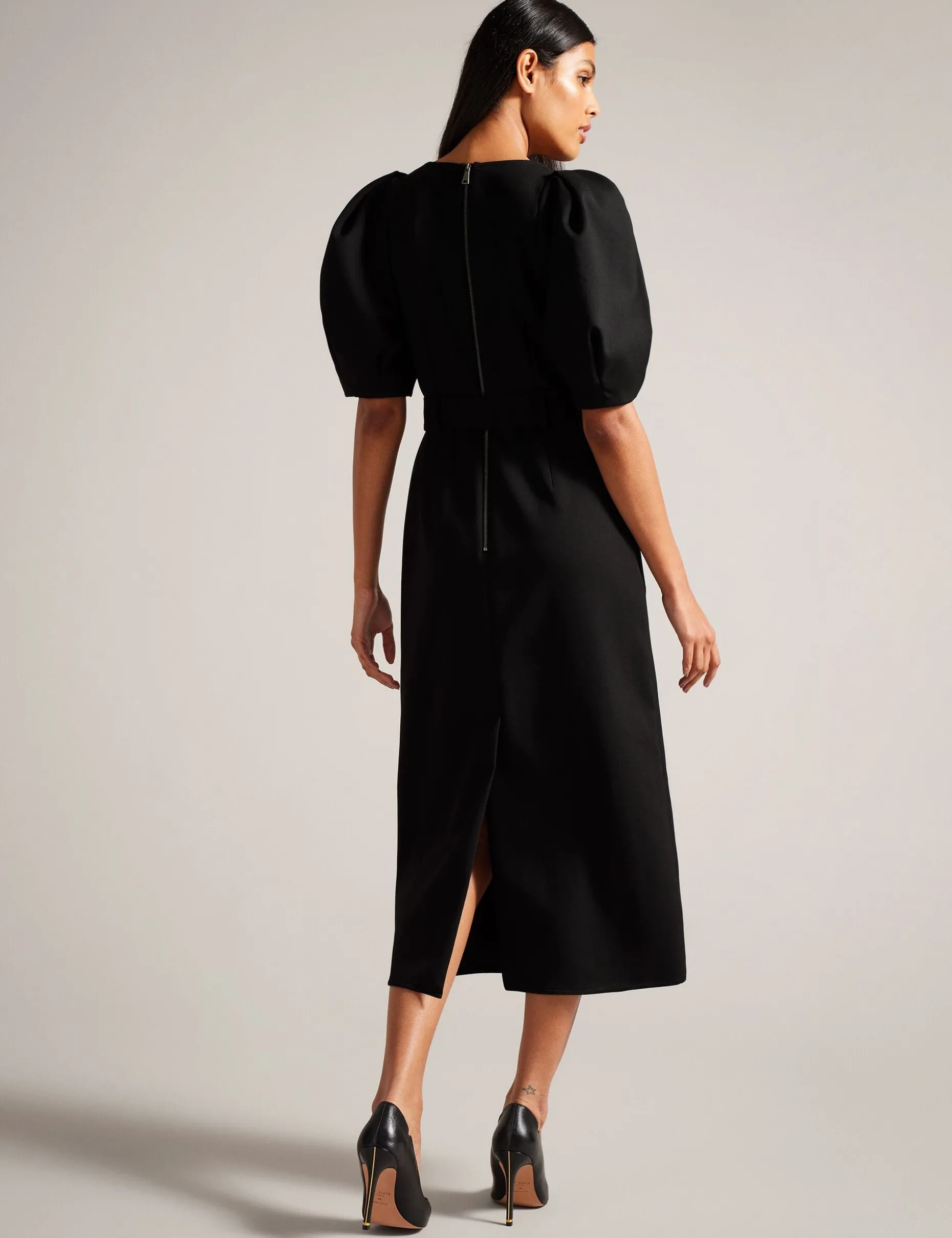 Structured Puff Sleeve Midi Dress With Belt