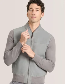 Suede Panel Zip-Up Bomber Jacket