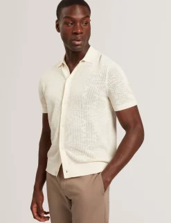Textured Crochet Knit Button-Through Polo