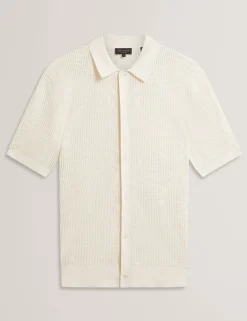 Textured Crochet Knit Button-Through Polo