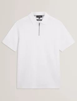 Textured Grid Zip Neck Cotton Polo