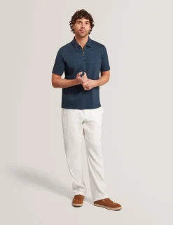 Textured Grid Zip Neck Cotton Polo