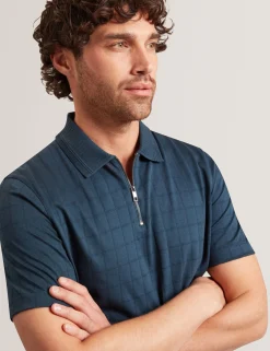 Textured Grid Zip Neck Cotton Polo