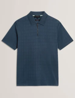 Textured Grid Zip Neck Cotton Polo