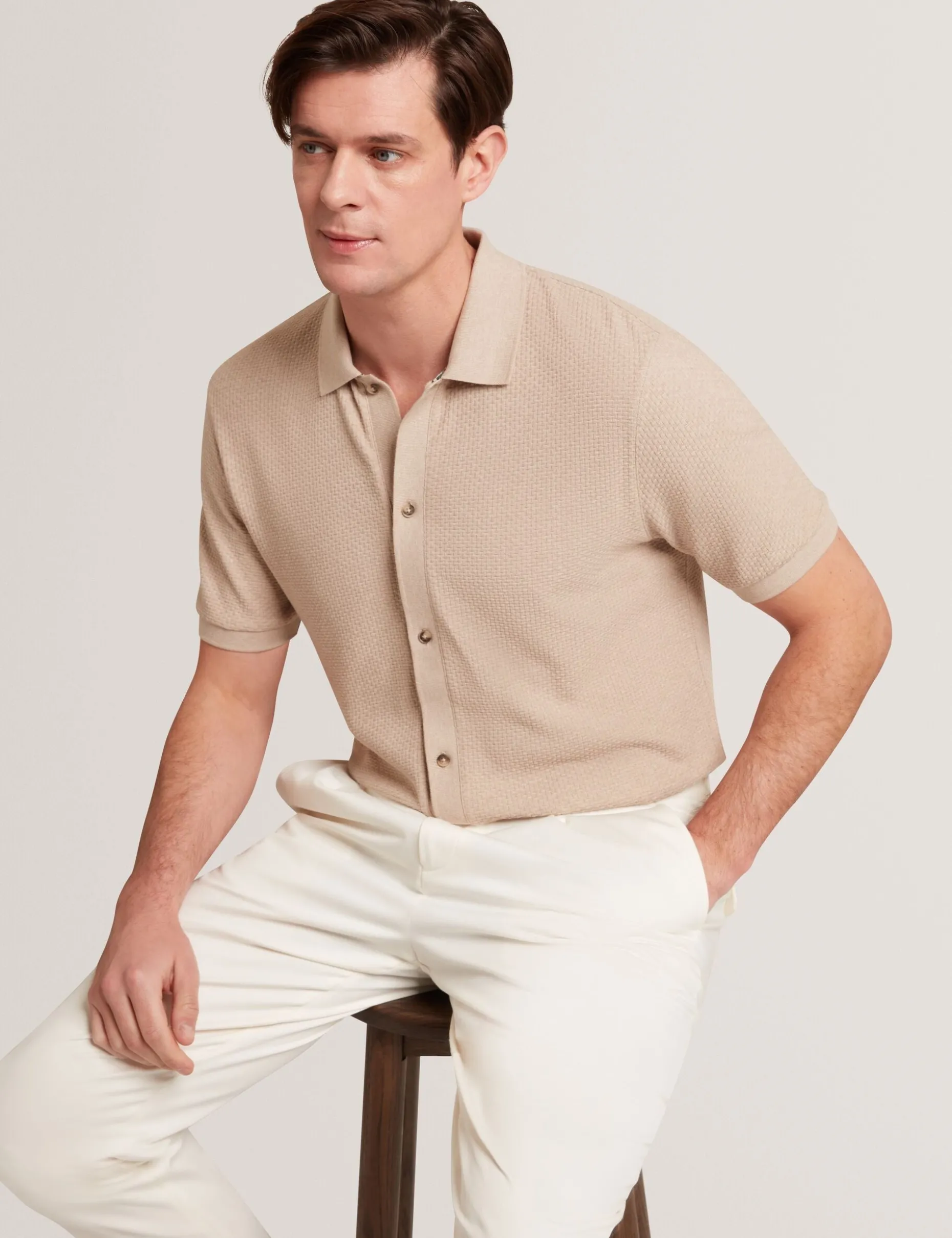 Textured Knit Button-Through Polo Shirt