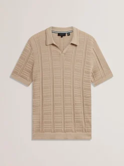 Textured Stripe Open Neck Knitted Polo Shirt