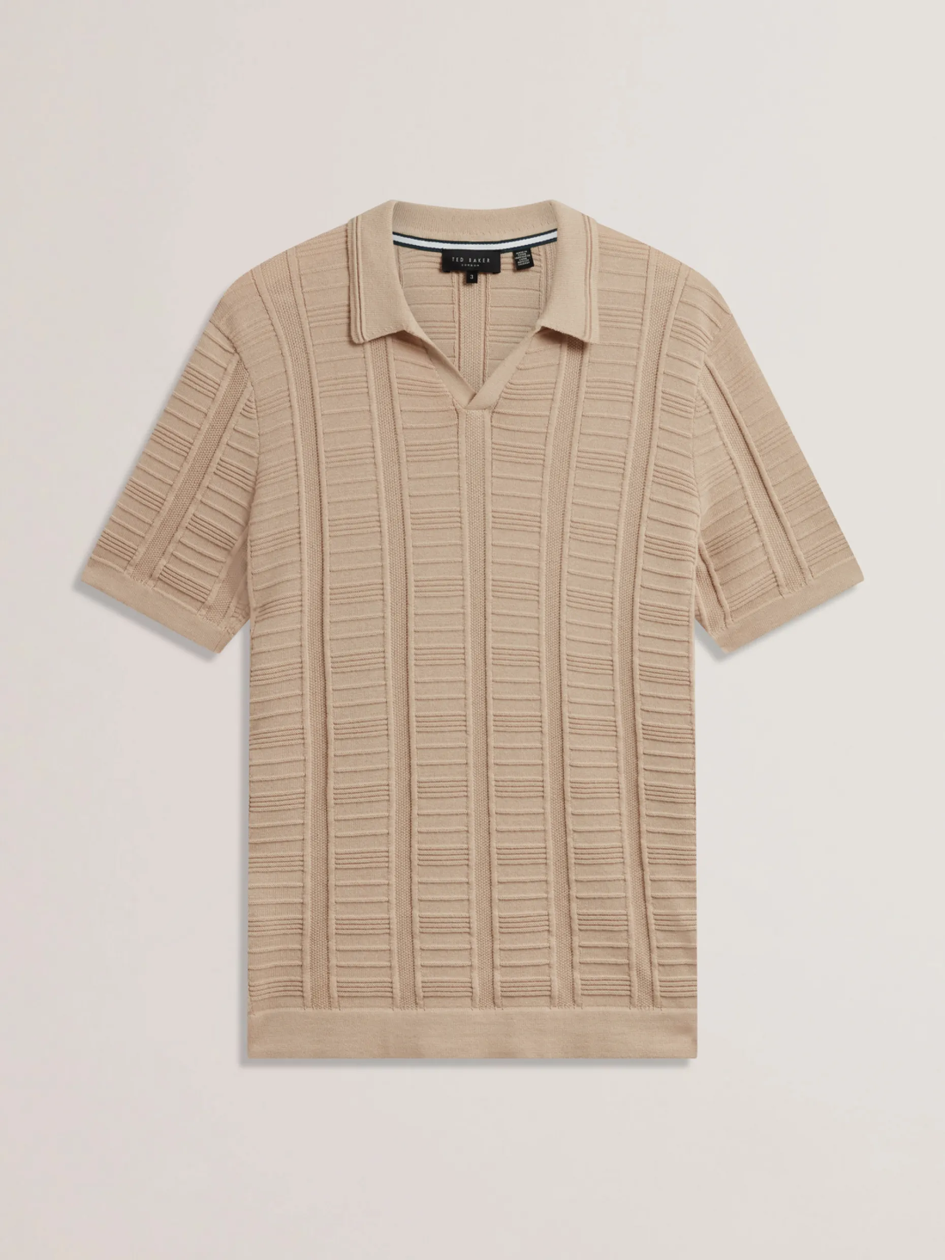 Textured Stripe Open Neck Knitted Polo Shirt