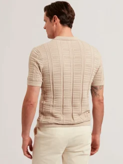 Textured Stripe Open Neck Knitted Polo Shirt