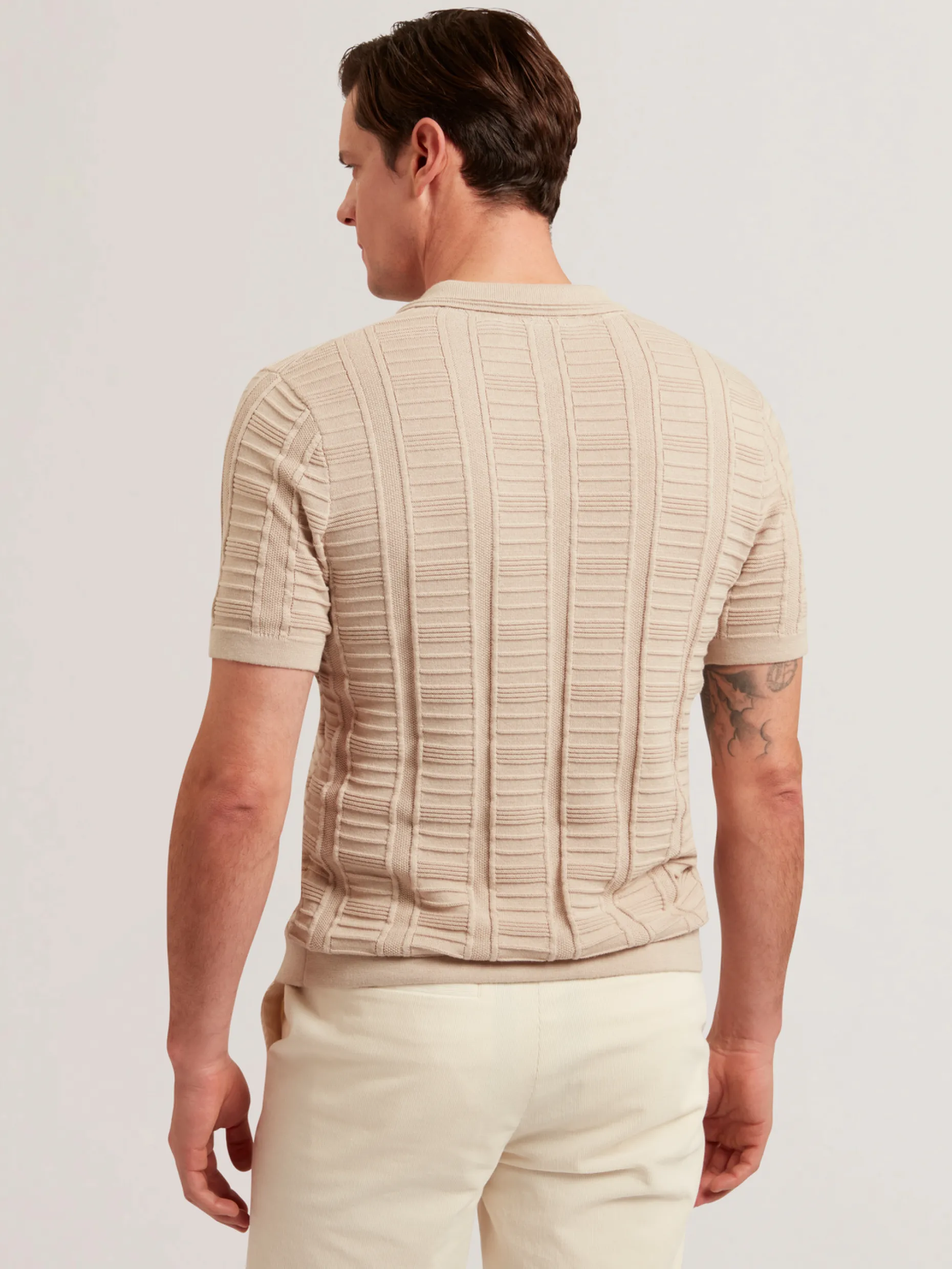 Textured Stripe Open Neck Knitted Polo Shirt