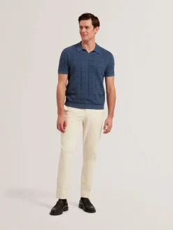 Textured Stripe Open Neck Knitted Polo Shirt