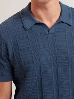 Textured Stripe Open Neck Knitted Polo Shirt