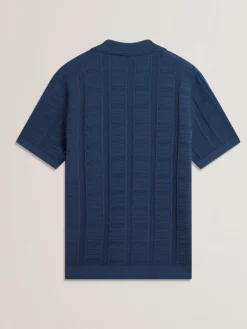 Textured Stripe Open Neck Knitted Polo Shirt