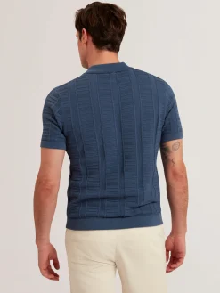 Textured Stripe Open Neck Knitted Polo Shirt