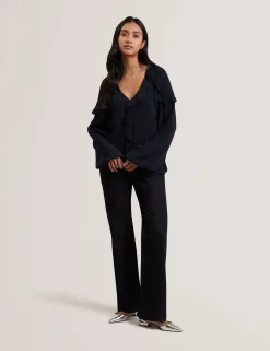 Waterfall Ruffle Trim Long Sleeve Blouse